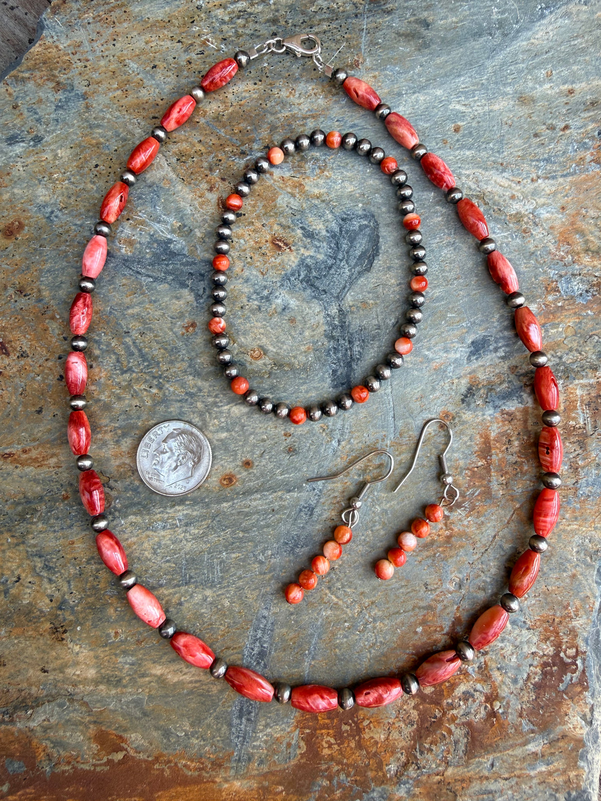 Red Spiny Oyster Rice Bead Sterling Silver Pearls Necklace
