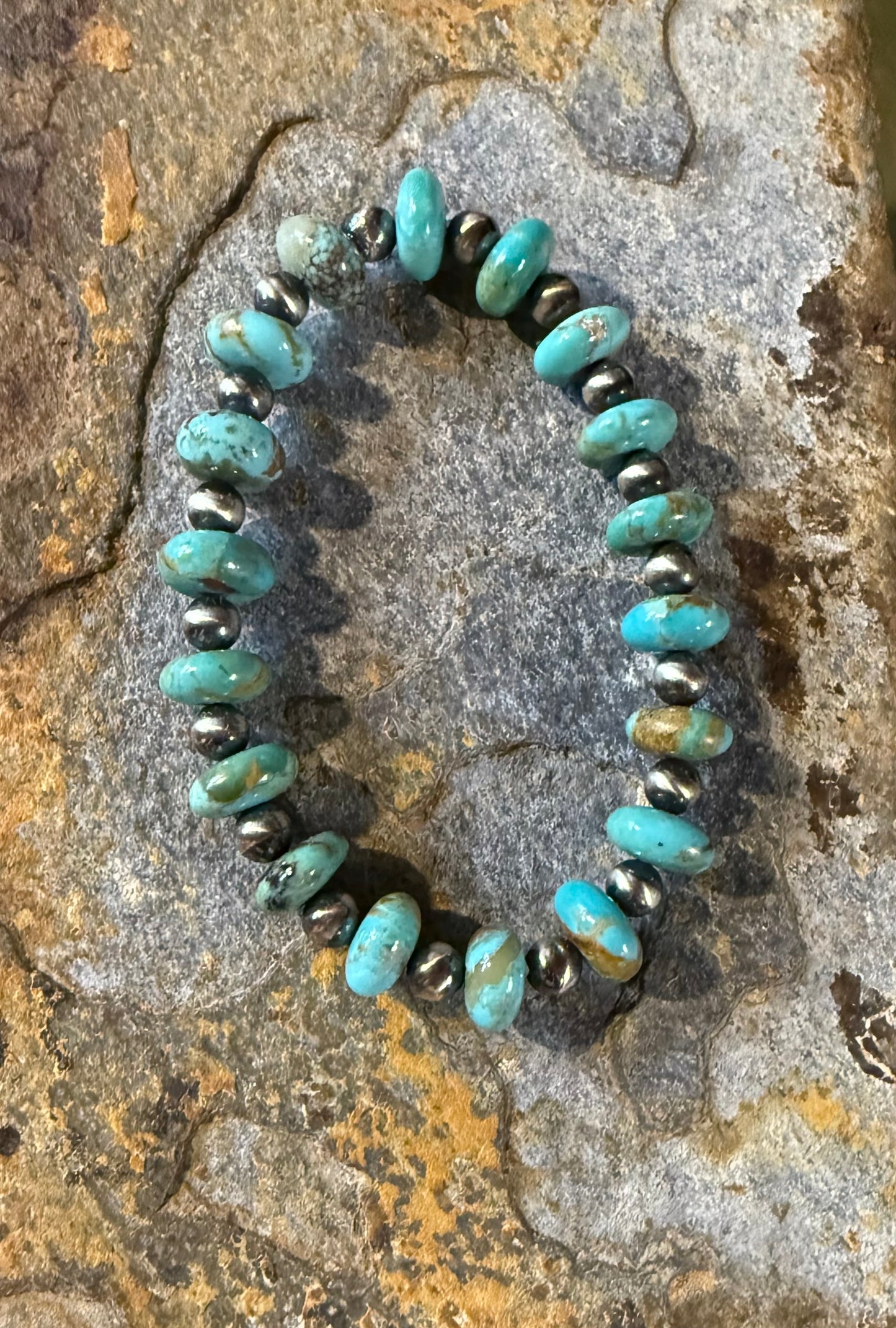 Chunky Kingman Turquoise Bead Sterling Silver Pearl Bracelet
