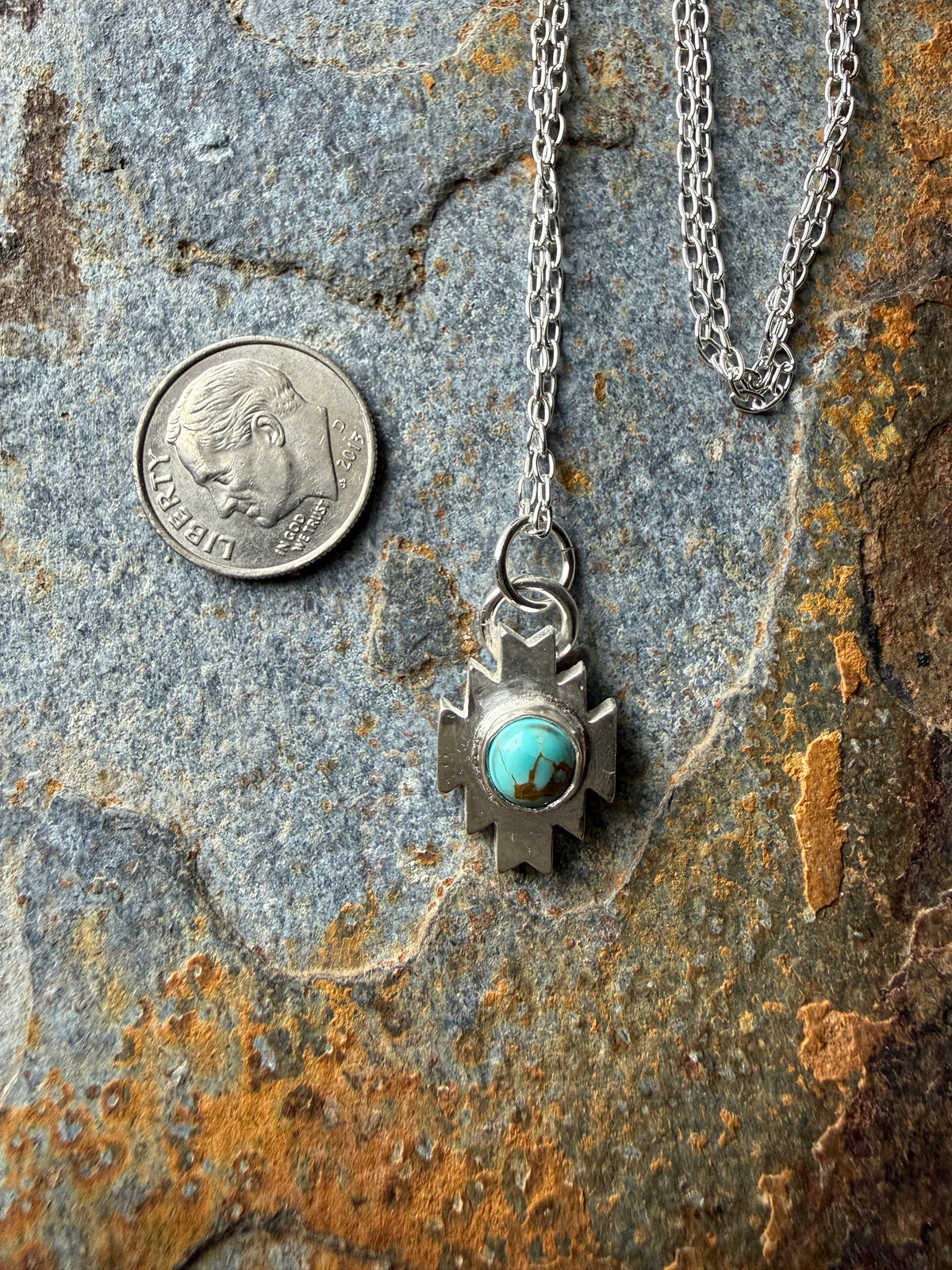 Silver Aztec Necklace with Number 8 Turquoise