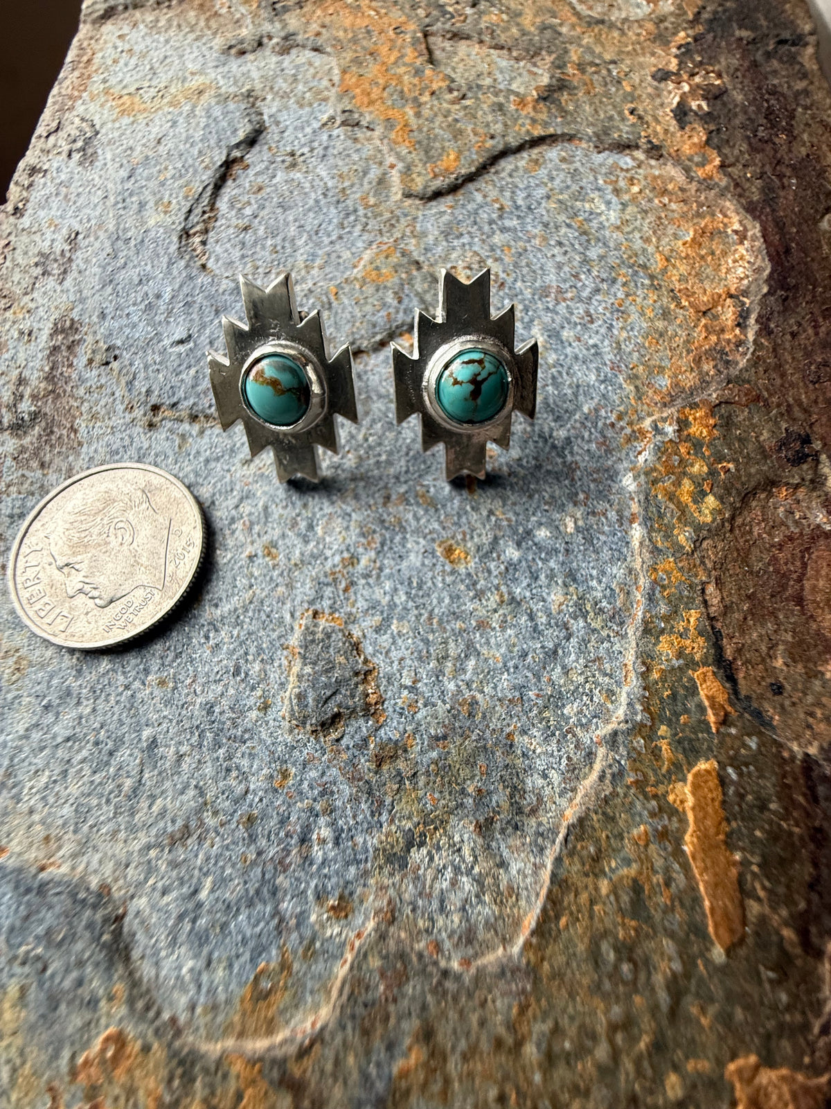 Silver Aztec Post Earrings with Number 8 Turquoise