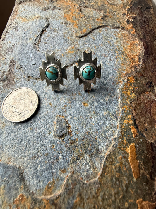Silver Aztec Post Earrings with Number 8 Turquoise