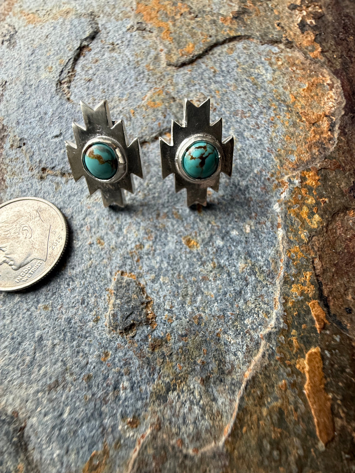 Silver Aztec Post Earrings with Number 8 Turquoise