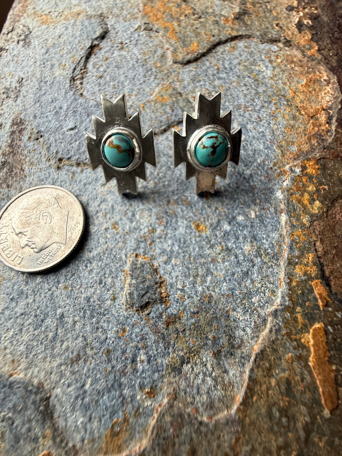 Silver Aztec Post Earrings with Number 8 Turquoise